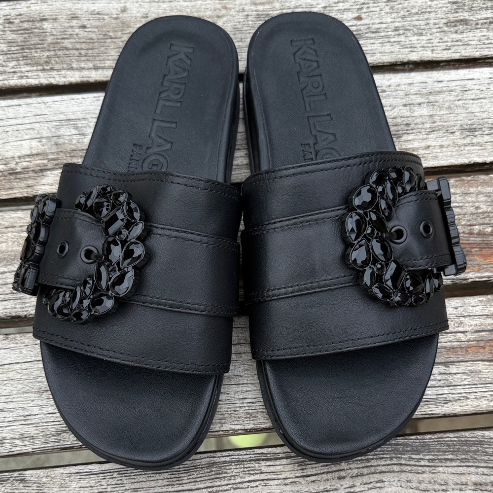 Karl Lagerfeld Black Slides with Embellished Buckle
